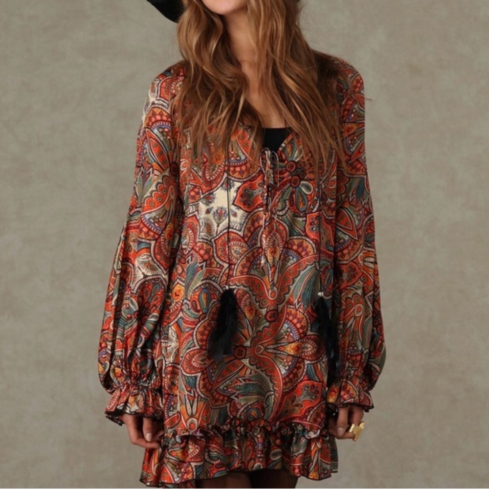 Anthropologie Daughters Of The Revolution Paisley Boho Feather Dress Ruffle Mini